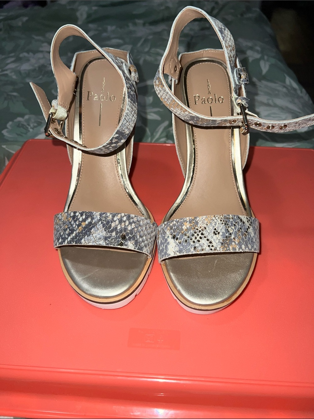 Paolo Snakeskin-Pattern Ankle-Strap Heels in Beige, Gray and Gold